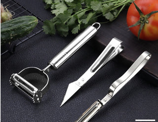 Stainless Steel Peeler Three-Piece Set, Household Melon And Fruit Planing Duck Feather Clip, Double-Headed Peeling Knife And Grater
